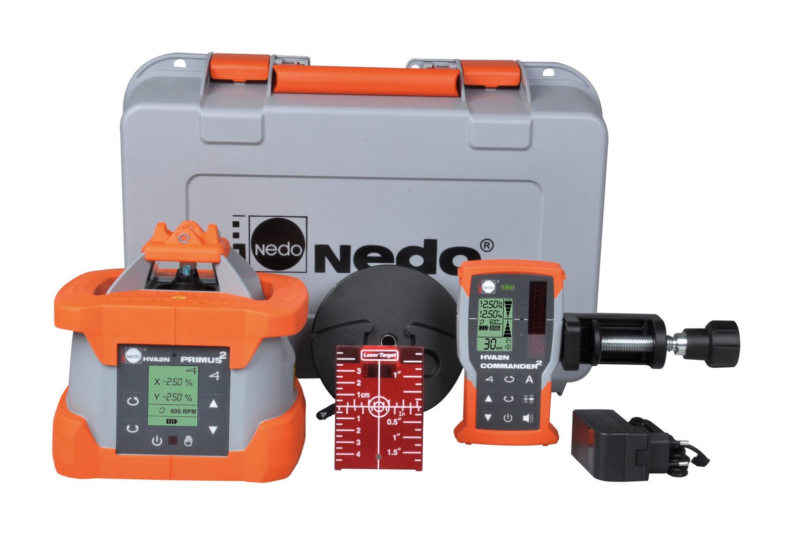 Primus_2_HVA2N_Lieferumfang.jpg NEDO PRIMUS 2 HVA2N mit Commandor 2 - Rotations- / Neigungslaser horizontal & vertikal - Image 1